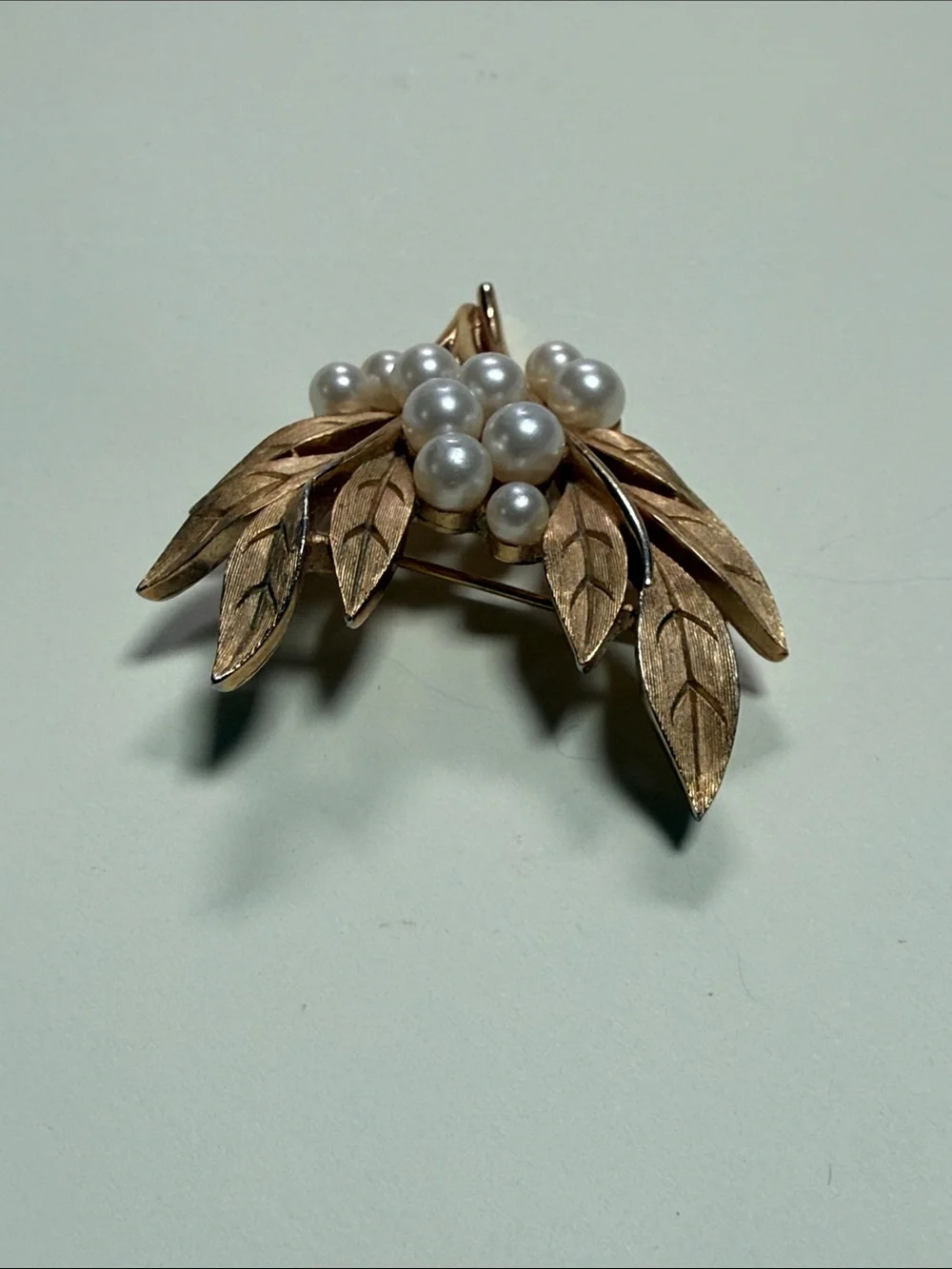 Vintage Crown Trifari Goldtone and Faux Pearl Leaf Brooch